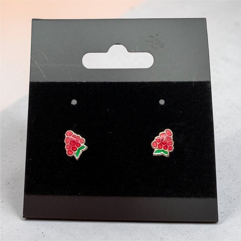 S925 Enamel Stud Earrings Red Green Grape Cluster Fruit Motif Fashion Jewelry